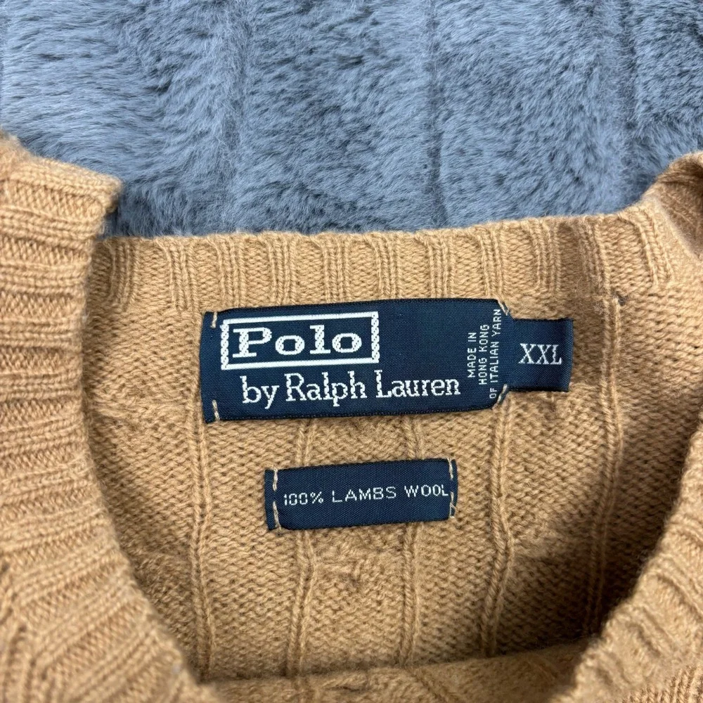 Polo Ralph Lauren Mens XXL Camel Tan Cable Knit 100% Lambswool Crewneck Sweater
